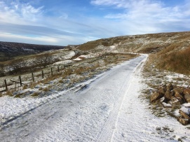 Old railway line trail on a snowy day